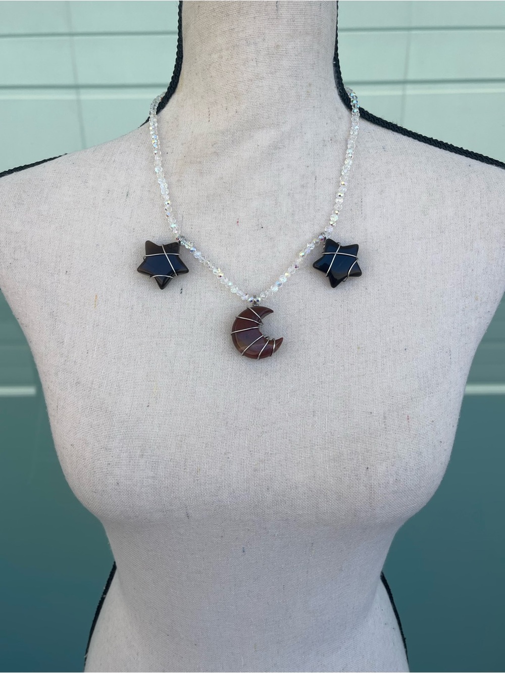 Mookaite Moon & Smokey Quartz Stars Necklace on Glass Beaded Chain Handmade
